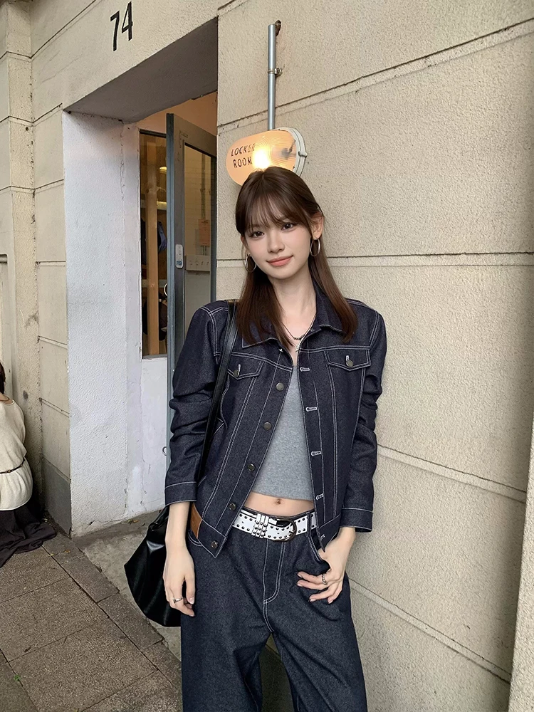 

Lumoder Blue Denim ort Jaet Women's Casual Thin Sle Autumn New Retro American Jaet Ladies Faion Warm Cotton Coat