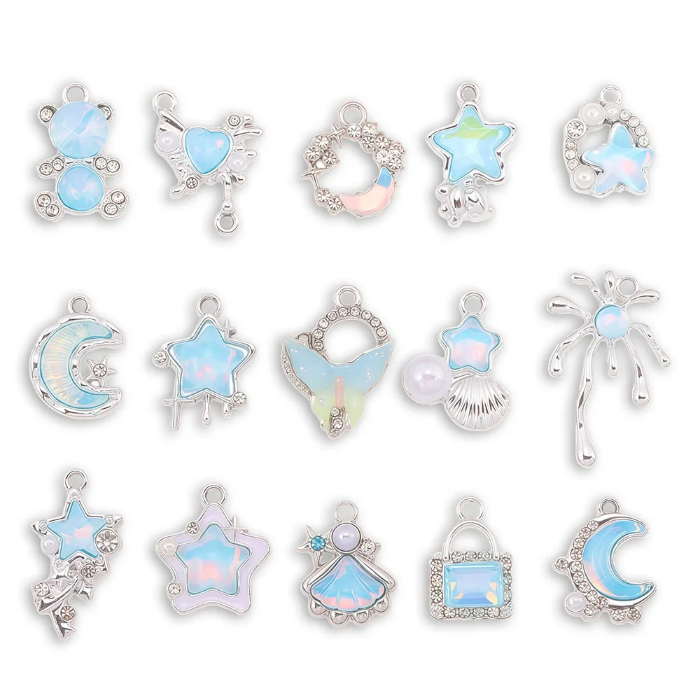 10Pcs Silver Color Moon Star Bear Charms Crystal Rhinestone Pendants For DIY Jewelry Making Necklace Bracelet Earrings Findings