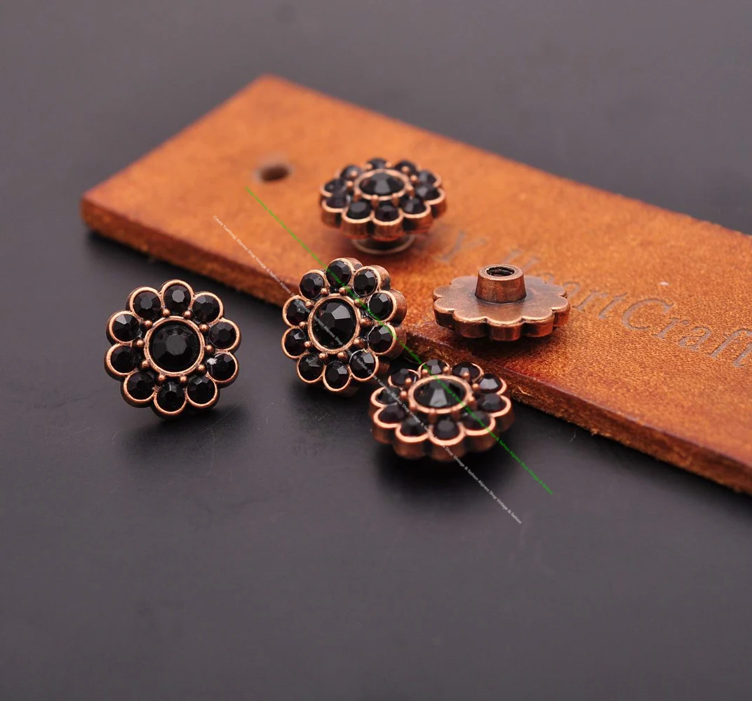 10pcs 14mm Retro Copper Black Rhinestone Crystal Flower Rivet Stud Concho Screwback For Leathercraft Belt Bag Clothing Decor