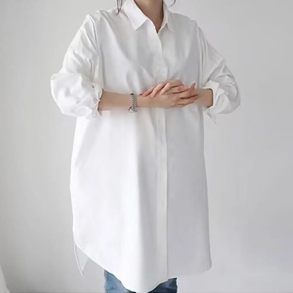 Women Blouse Women Shirt Women’s Lapel Shirt Tops Long Sleeve Single Breasted Blouse Solid Color Mid-length Irregular Workwear
