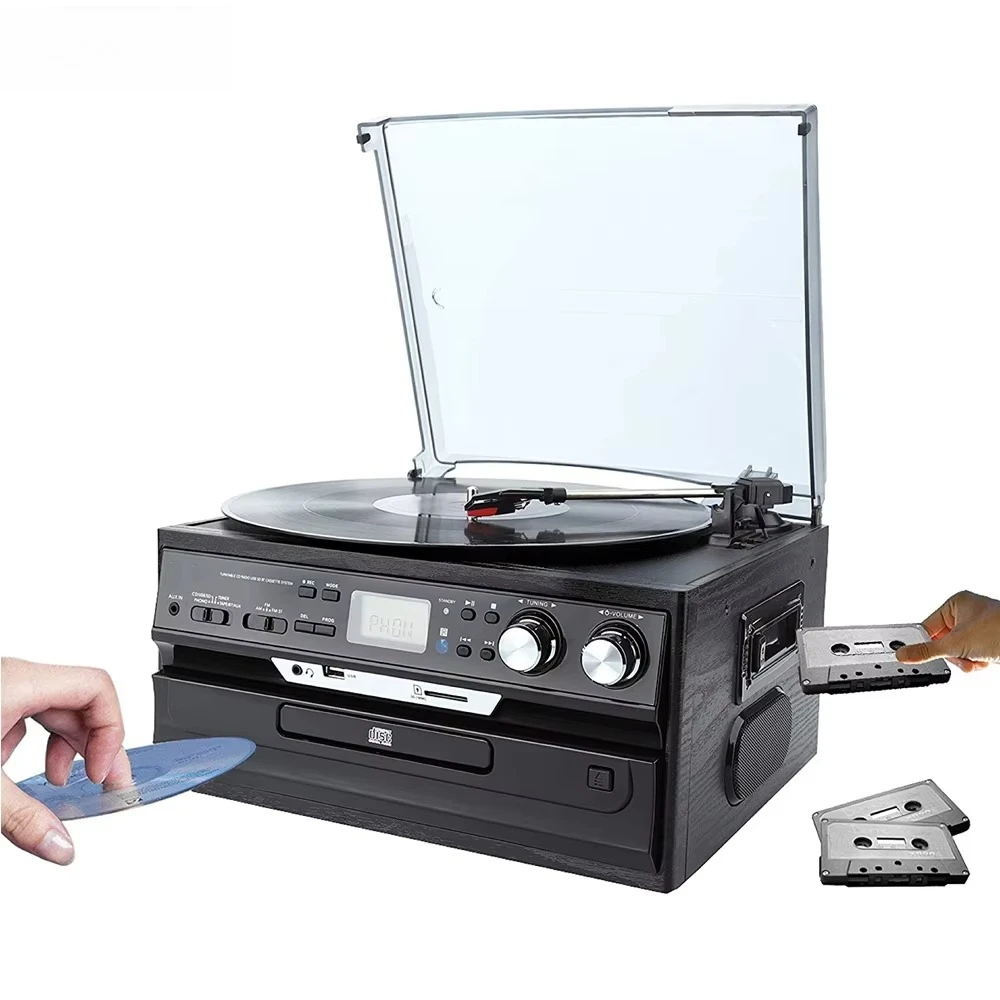 Vintage 6 in 1 Audio Old cd Cassette Turntable Record Player Vinyl Turntable LP AM FM Radio Phonograph Gramophone 3 Speed LP