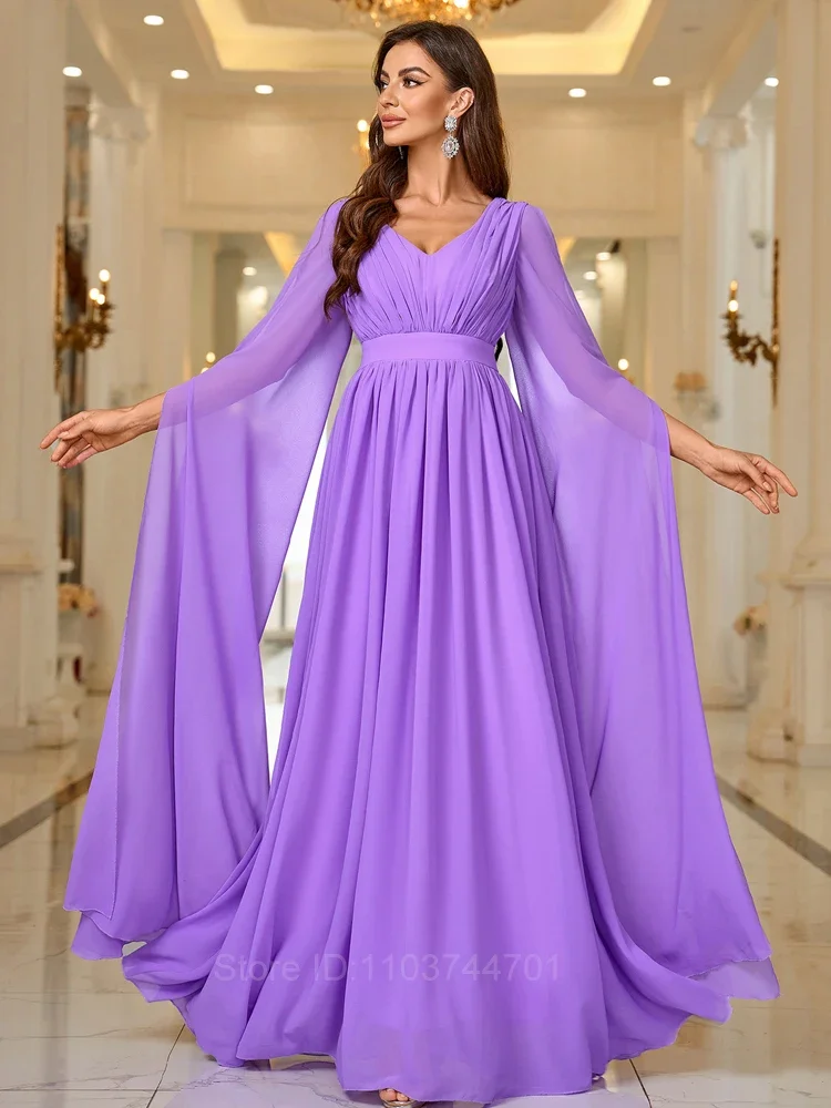 Elegant Evening Dress Maxi Long V Neck with Long Sleeves High Waist 2024 pretty Purple Bridesmaid Dress Vestidos Largos