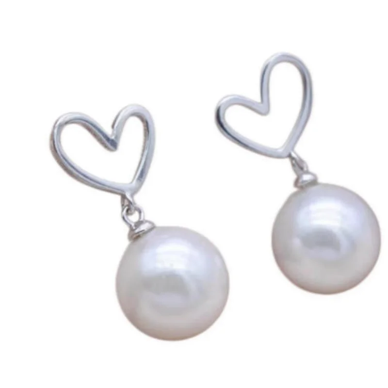 Exquisite pair of 9-10mm natural South Sea round white pearl earrings 925 silver