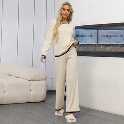 New Casual Knitted Pant Sets Women Autumn Winter O-neck Long Sleeve Contrast Color Sweater + Wide Leg Pants Women's Tracksuit