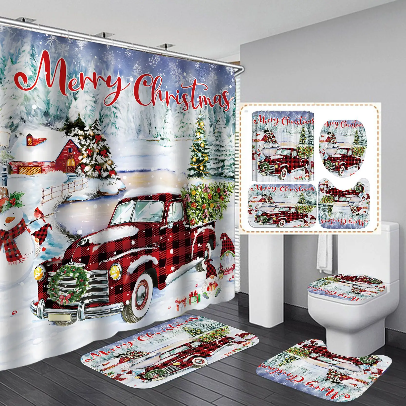 Merry Christmas Bathroom 4Pcs Set Snowman Santa Claus Pattern Waterproof Shower Curtain Toilet Cover Mat Non Slip Rug Home Decor