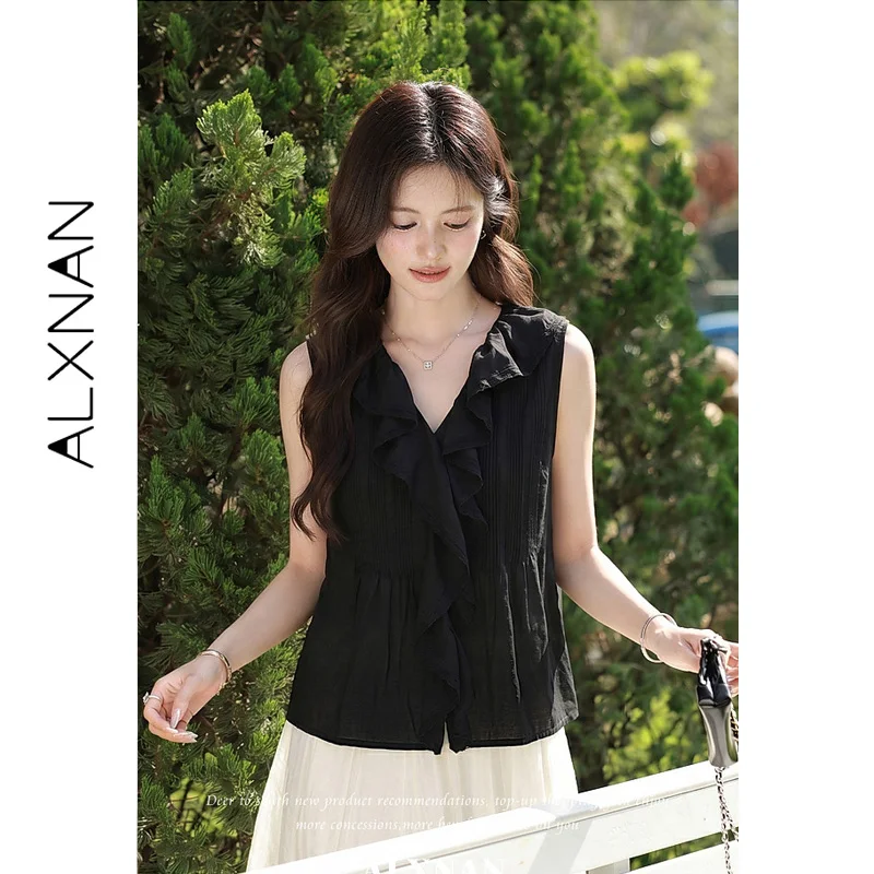 ALXNAN Women's Black Sleeveless V-neck Tanks Front Ruffle Trim 2026 Summer Slim-fit Elegant Casual Female Clothing L66158A