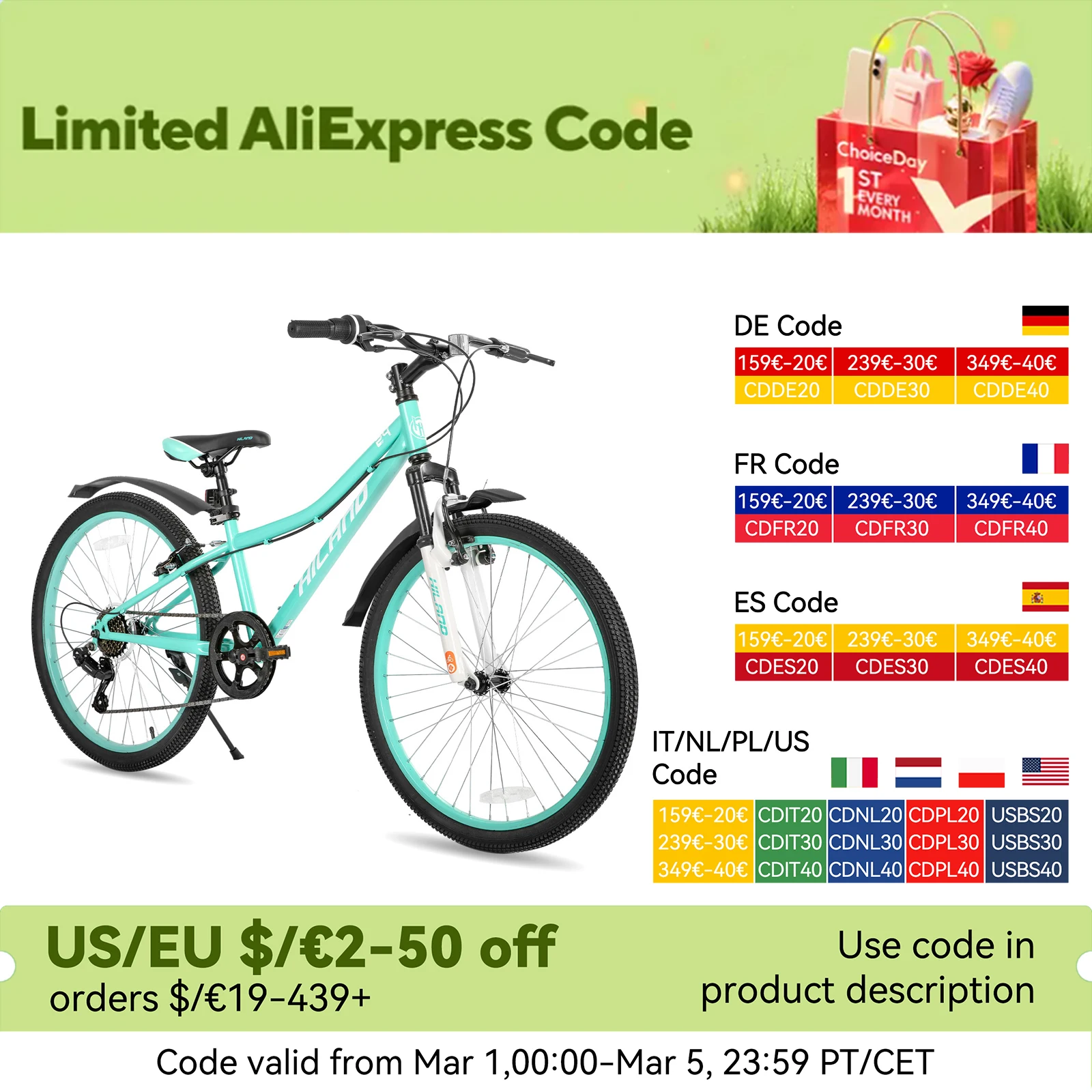 Hiland  24 Inch Mountain Bike for Kids Age 7,Front Suspension Fork Kids' Bicycles for Boys Girls Multiple Colors