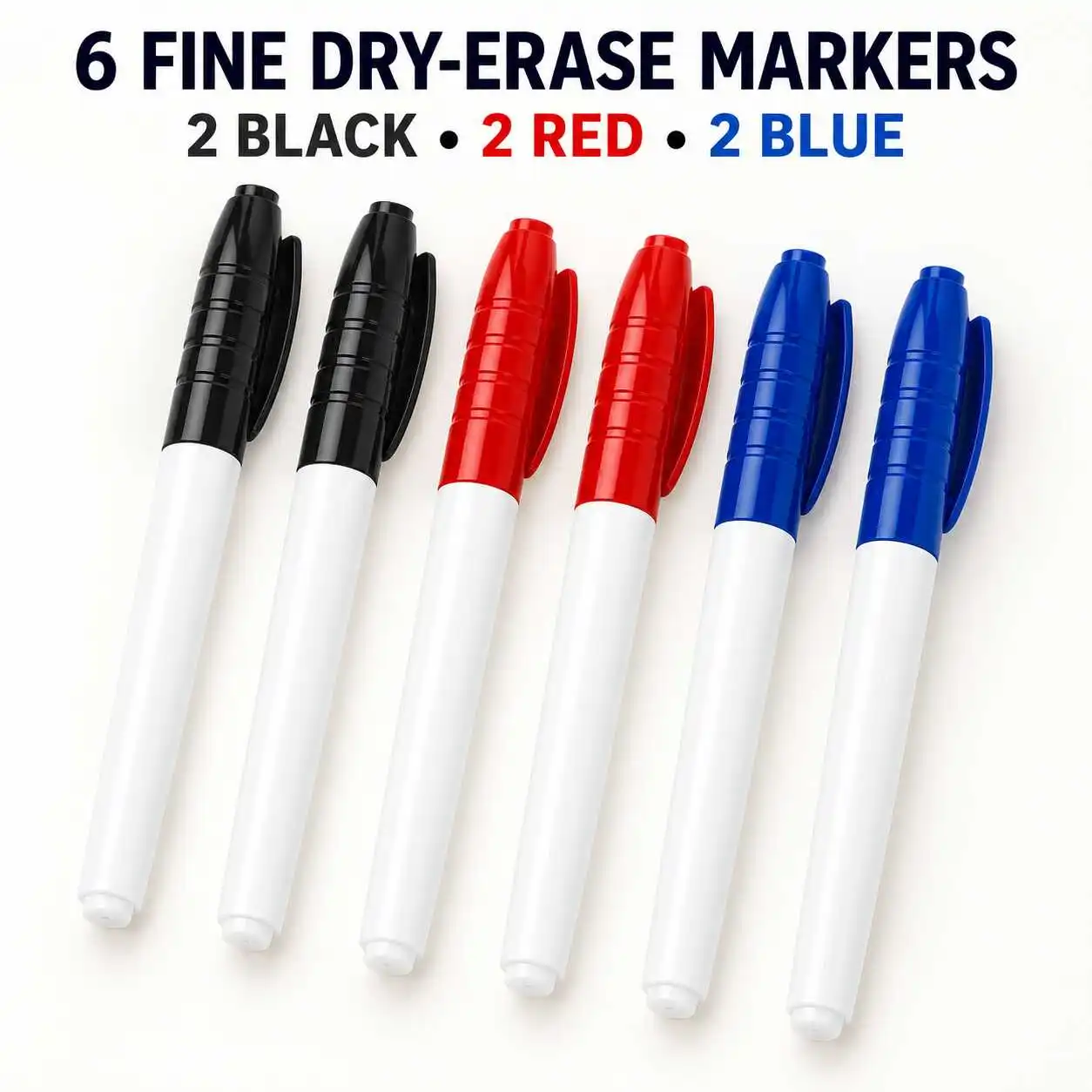 6 Fine Tip Dry Erase Whiteboard Marker Pens 2 Black 2 Red 2 Blue Slim White Barrel Office Writing Set