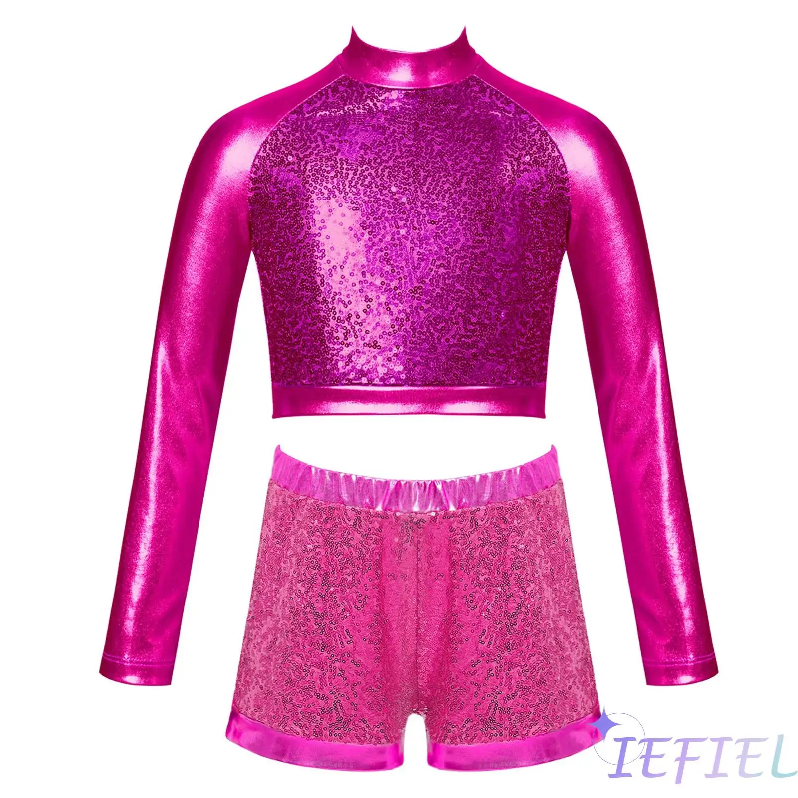 

Kids Girls Jazz Dance Costume Mock Neck Long Sleeve Front Shiny Sequin Crop Top with Shorts for Disco Hip-Hop Dance Party Wear