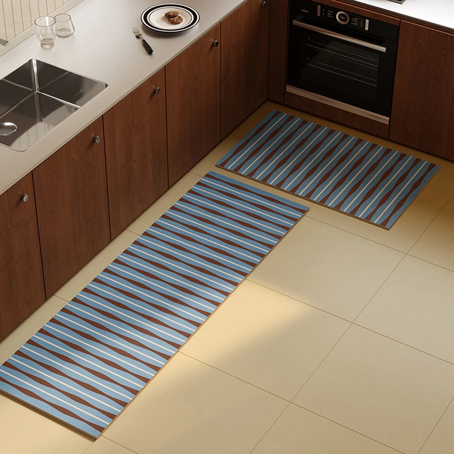 

Non-slip Kitchen Mat for Floor Wave Pattern Home Decoration Kitchen Carpet Oil-proof Waterproof PVC Leather Washable Kitchen Rug