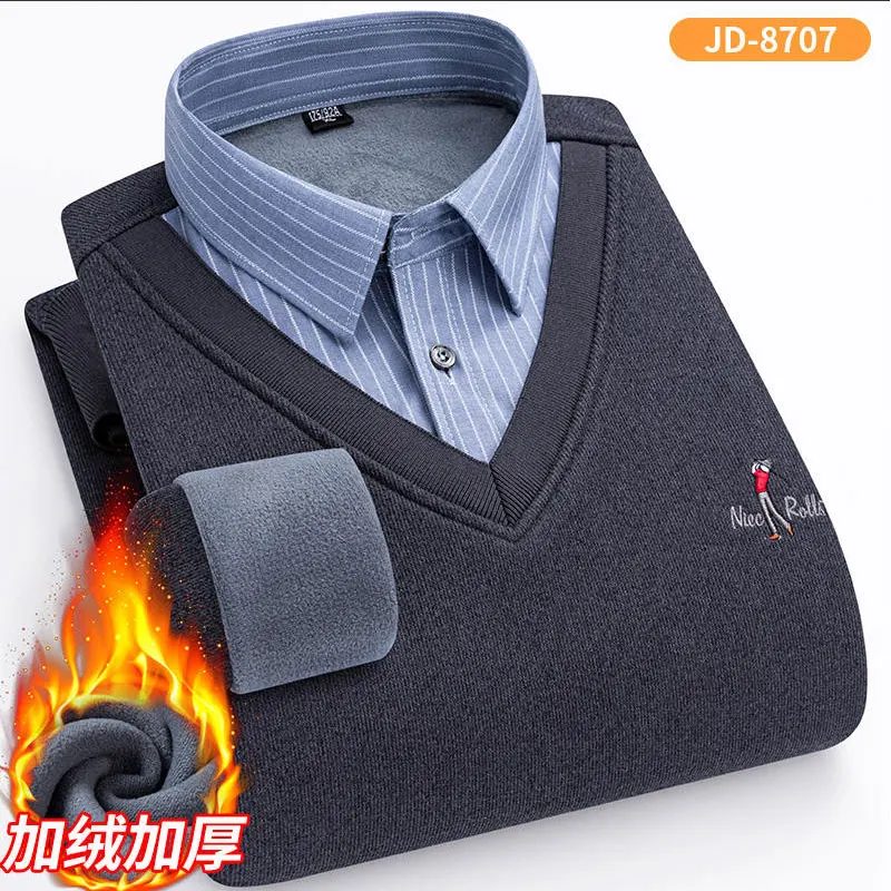 New autumn and winter plus fleece thick men's shirt long sleeve warm high quality fake two fashion slim-fit free ironing