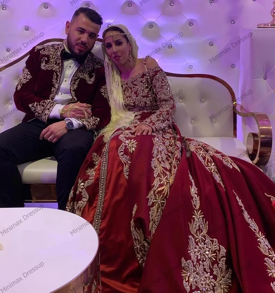 Customized Burgundy Long Sleeve Arabic Wedding Dresses Muslim Dubai Off Shoulder Luxury Gold Lace Applique Kaftan Wedding Gown - AliExpress 320 Customized Burgundy Long Sleeve Arabic Wedding Dresses Muslim Dubai Off Shoulder Luxury Gold Lace Applique Kaftan Wedding Gown - AliExpress 320