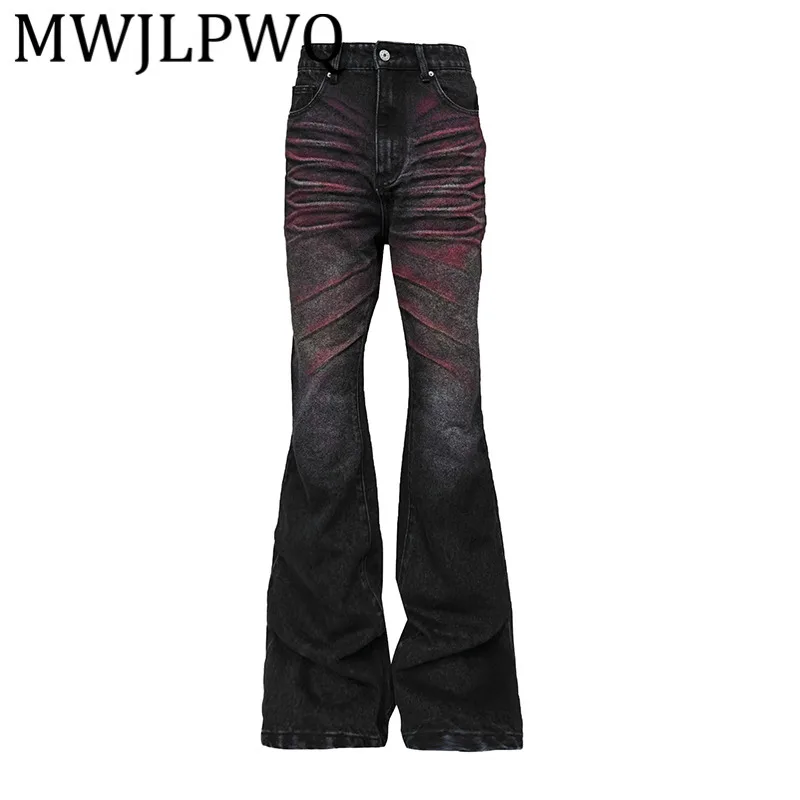 

MWJLPWQ тяжелые расклешенные джинсы с красным принтом, мужские трехмерные плиссированные брюки с кошачьими усами и заклепками, уличные брюки 11768