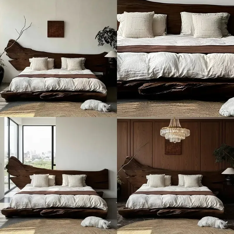 Solid Wood Bed for Hotel Villa Log Double Master Bedroom Tatami Wedding Simple Design