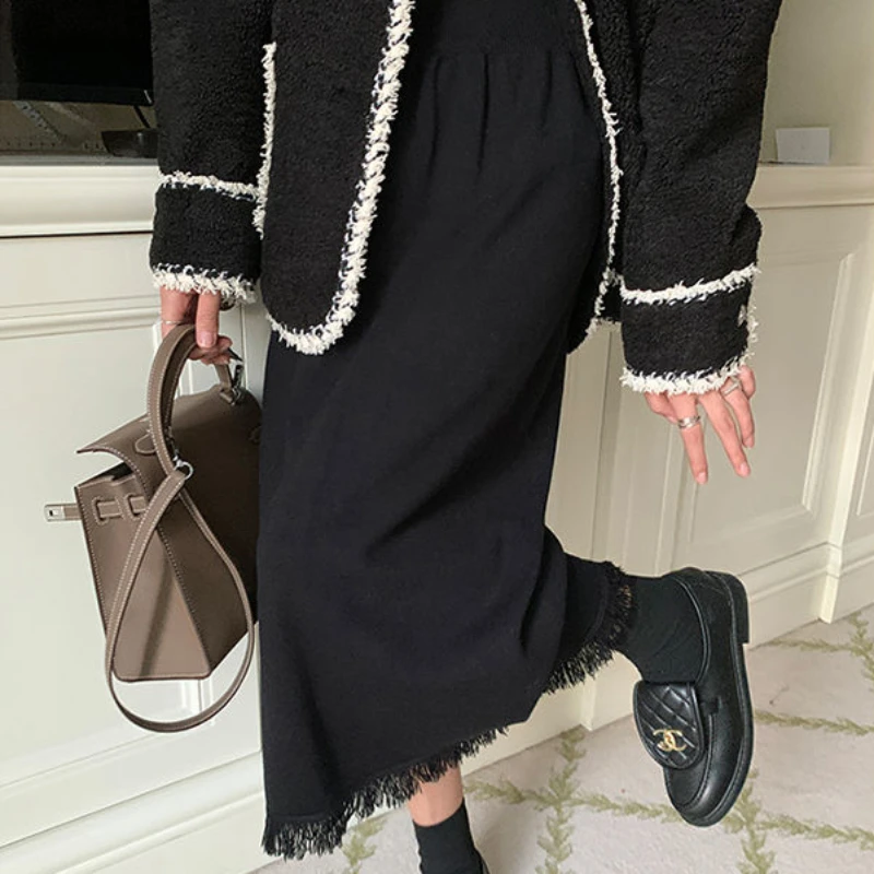 Winter Skirts Women Midi Tassel Soft Loose High Waist Gentle Designed Literary Knitting Sweet Straight Faldas   Ulzzang