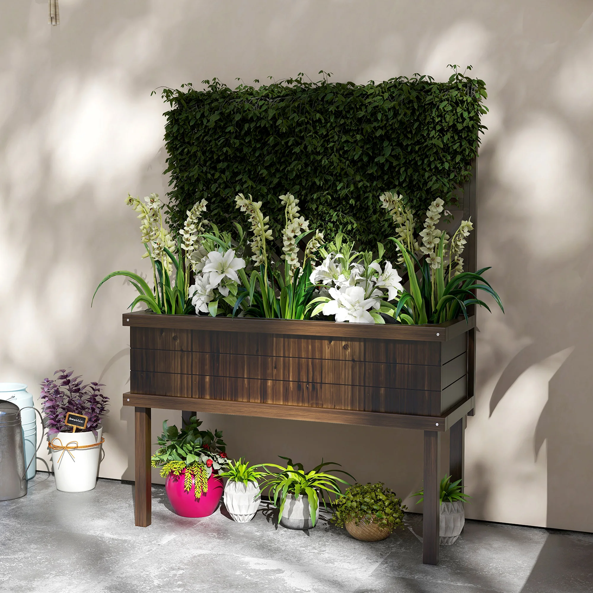 Outsunny Elevated Garden Planter with Climbing Plant Support (Carbonized Material)