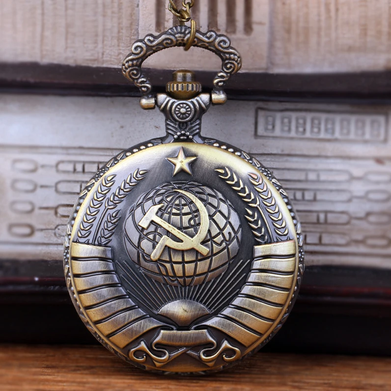 Vintage Ussr Sovjet Sikkel Hamer Stijl Quartz Zakhorloge Ketting Bronzen Hanger Klok Cccp Rusland Embleem Communisme Top Geschenken