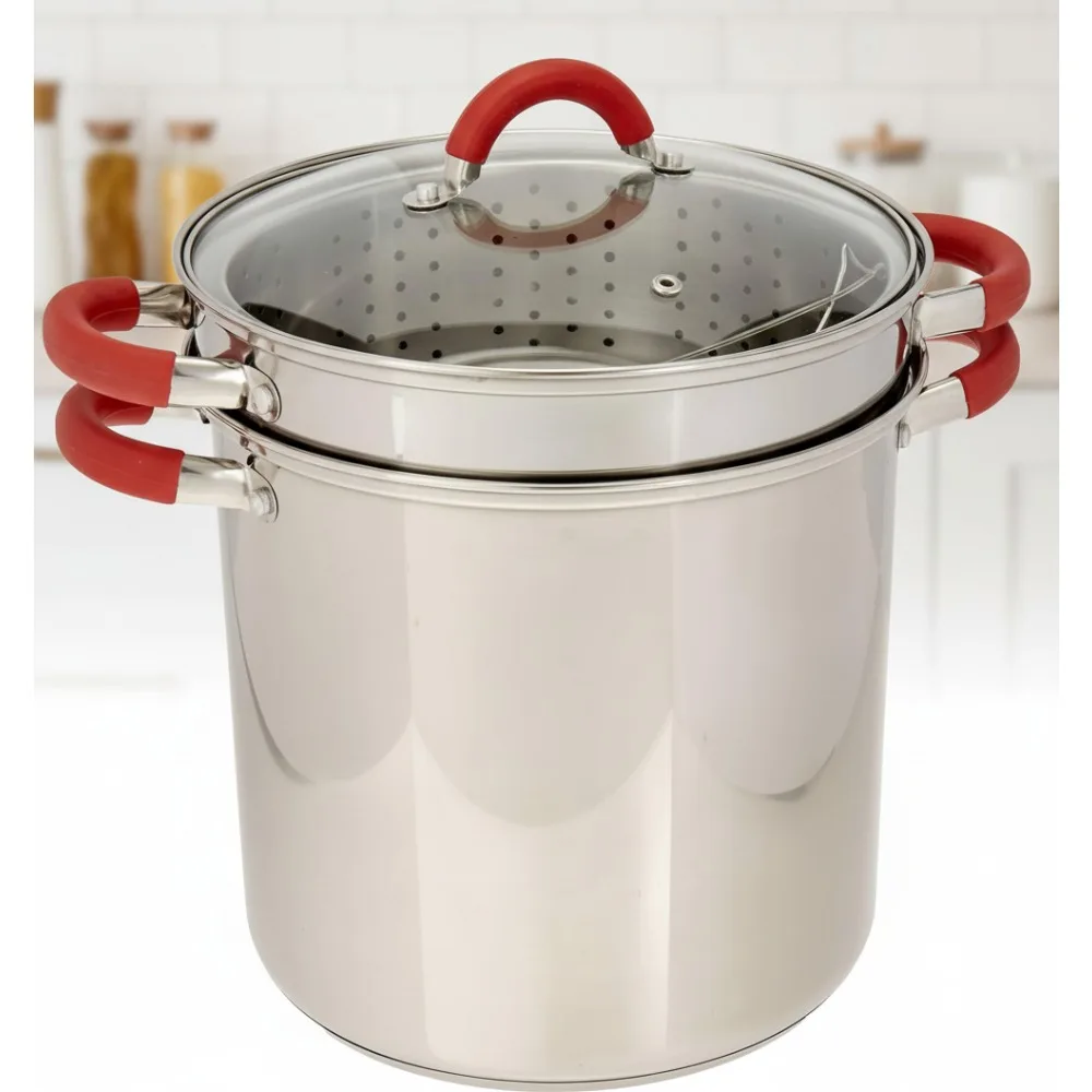 

12 Qt Stainless Steel Pasta Cooker with Glass Lid & Silicone Handles - Fast Even Heating for Perfect Meals