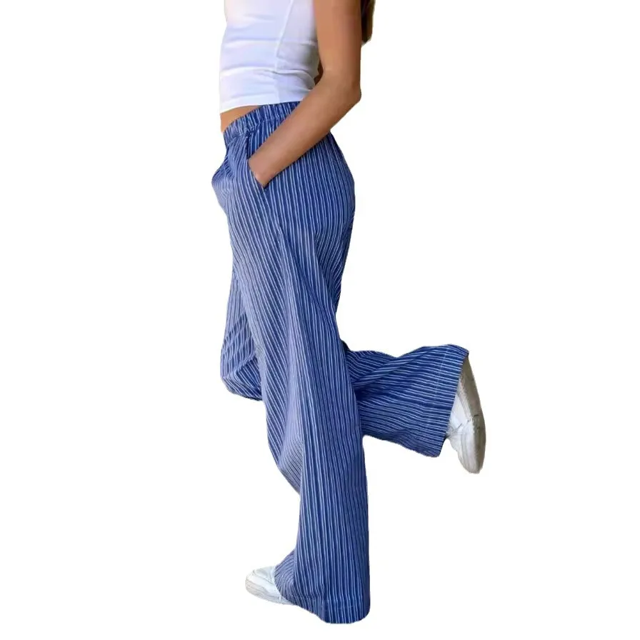 

2025 new women's casual pants striped loose elastic waist wide-leg trousers