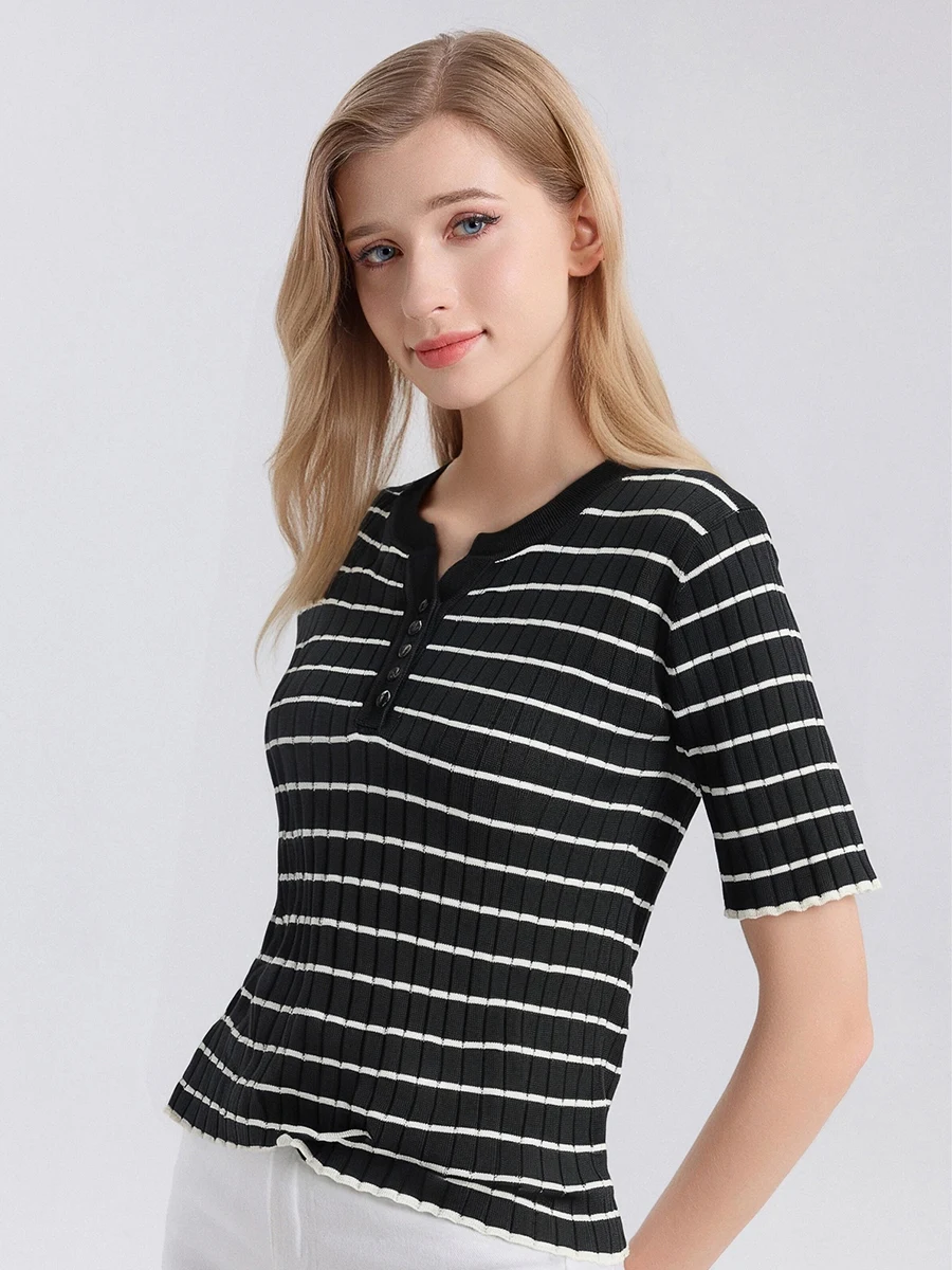 SuyaDream, T-shirt da donna a righe, girocollo, camicia chic a maniche corte, 70% seta 30% cotone, Top accogliente primavera estate 2025,