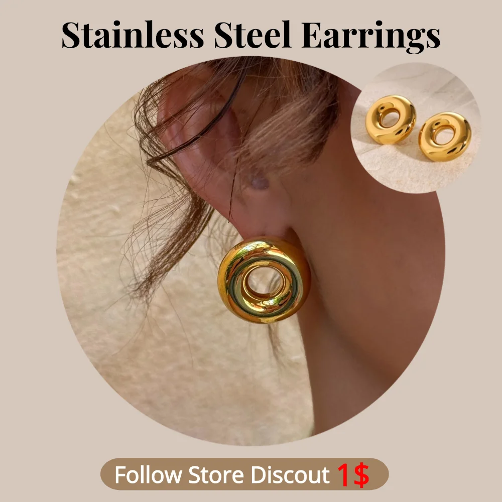 

Stainless Steel Round Hollow Simple Earrings Plated 18k Gold Color Non Tarnish Waterproof Trendy Jewelry Earrings For Women Gift