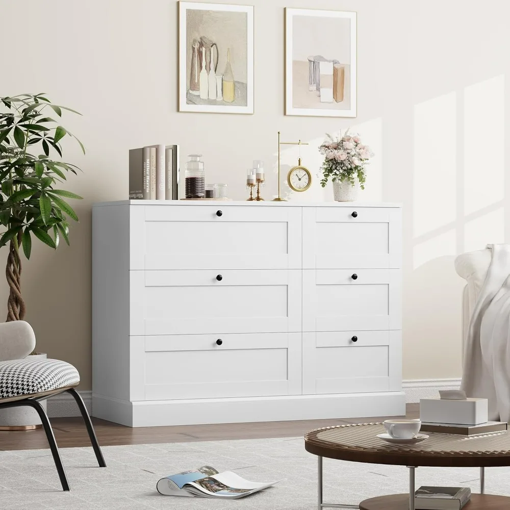 6 Drawer Dresser, White Dresser for Bedroom, Wood Chest of Drawers, Wide Double Dresser, Modern Drawer Chest for Living Room