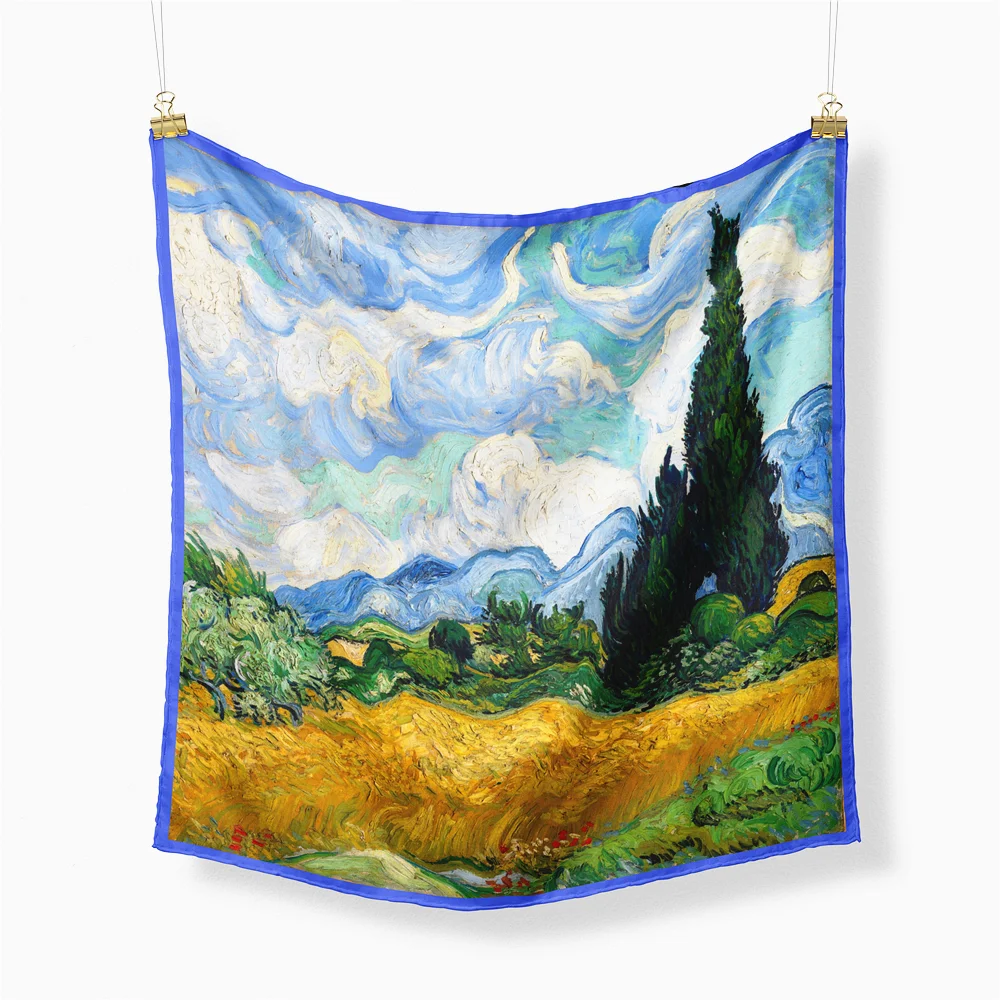 53cm Korea Summer New Van Gogh Oil Painting Wheaffield Ladies Temperament Small Square Scarf  Decoration  Twill Small Tie Scarf