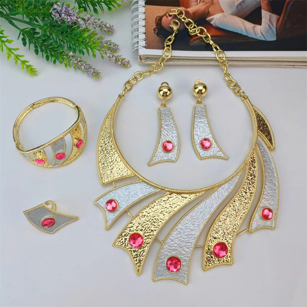 EMMA Dubai Big Jewelry Set Design for Women Wedding Bride Necklace Brazili Gold Plated Collor Earrings Bracelet Ring for Party