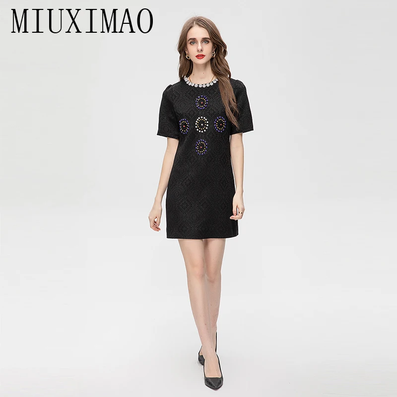 

MIUXIMAO 2023 High Quality Spring&Summer Elegant Dress Black Short Sleeve O-Neck Diamonds Fashion Mini Dress Women Vestide