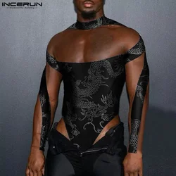 INCERUN Men Bodysuits Mesh Print Patchwork Transparent Sexy Turtleneck Long Sleeve Rompers Streetwear 2024 Fashion Male Bodysuit