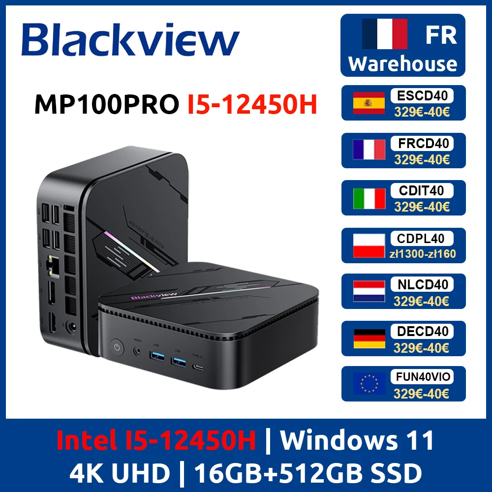 Blackview MP100PRO NOUVEAU Mini PC Intel I5-12450H Windows 11 8 cœurs 12 threads 16 Go + 512 Go / 1 To WiFi 6 Mini Ordinateur PC BT5.2