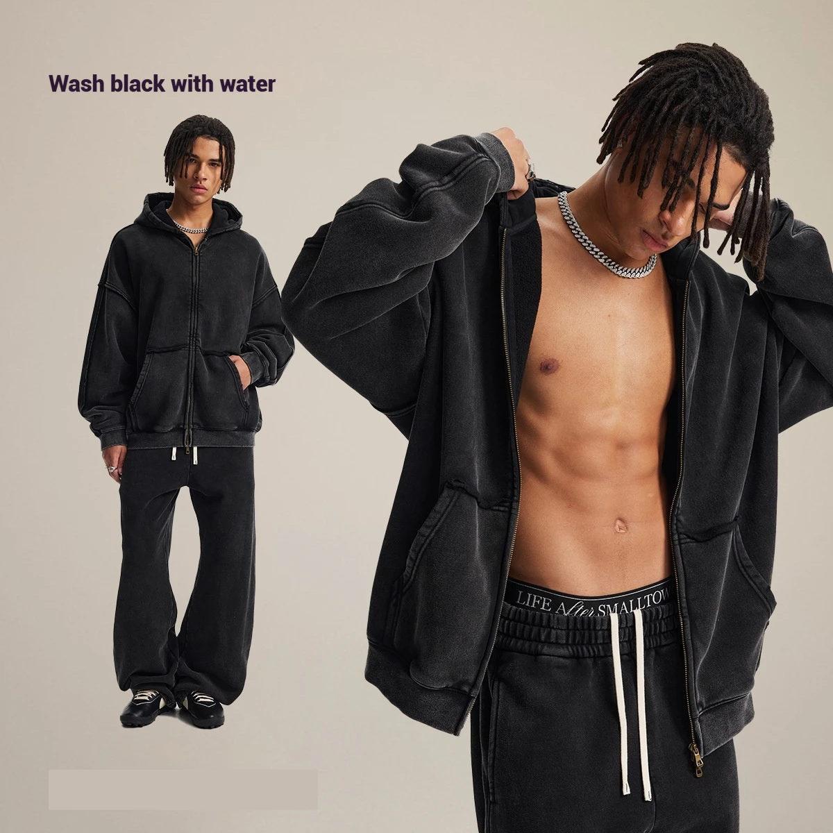 Mens Loose Edges Distressed Two Way Zipper Hooded Suit Autumn Winter Fleece Sweatshirt Pants Set
