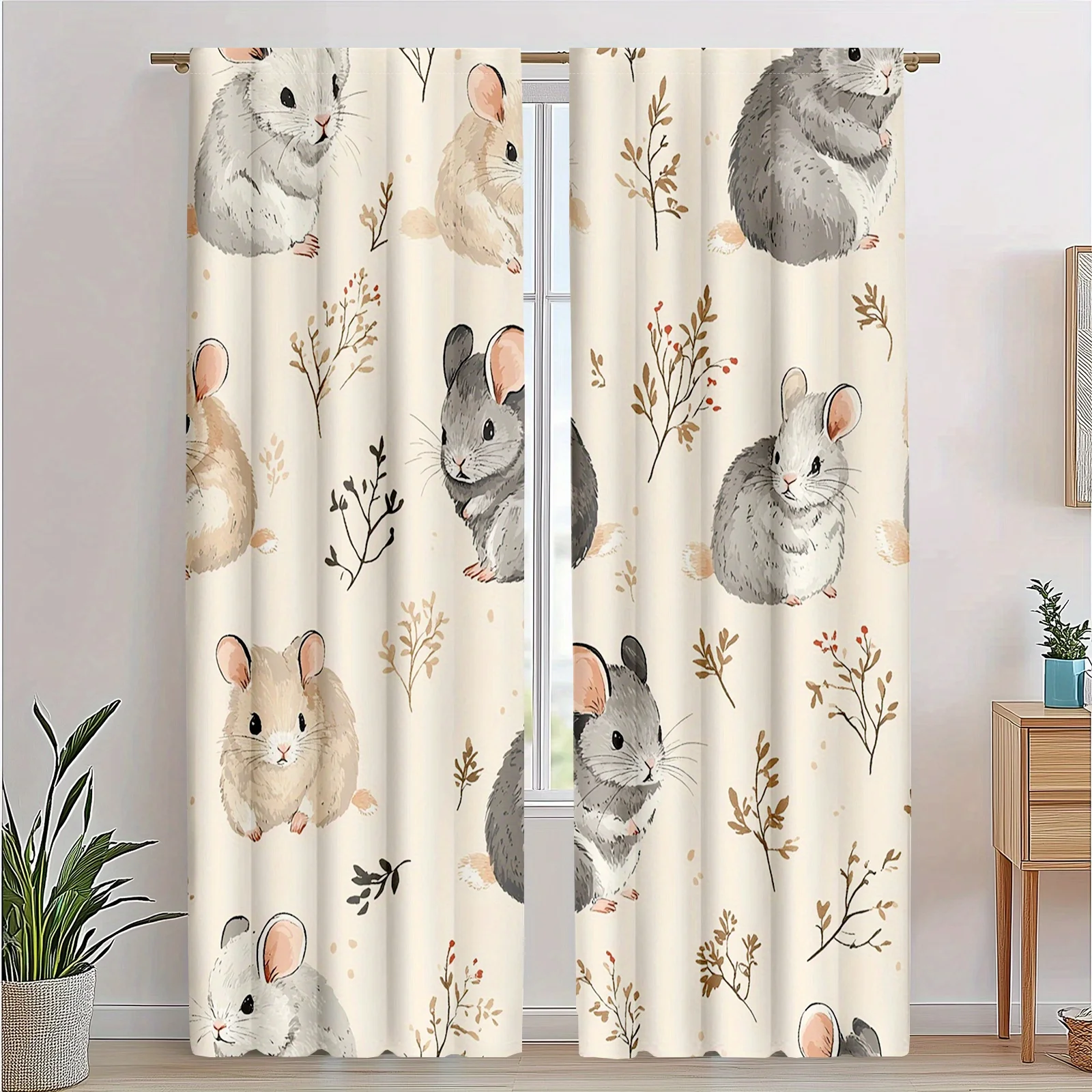 2pc Totoro leaf and flower patterned curtains, made of polyester fabric, machine washable, suitable for bedrooms living rooms