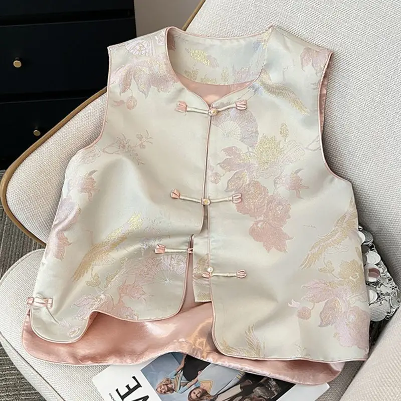 Traditional Chinese Clothing Spring Button Vest  Women Sleeveless Jacket Jacquard Floral Cheongsam Top Hanfu Ladies CN-279