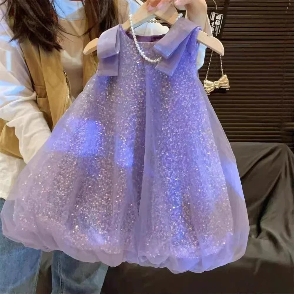 Summer New Girls' Sequined Lace Bow Bubble Princess Dress Korean Version Fashionable Solid Color Kids Clothes 2-7 Years Old