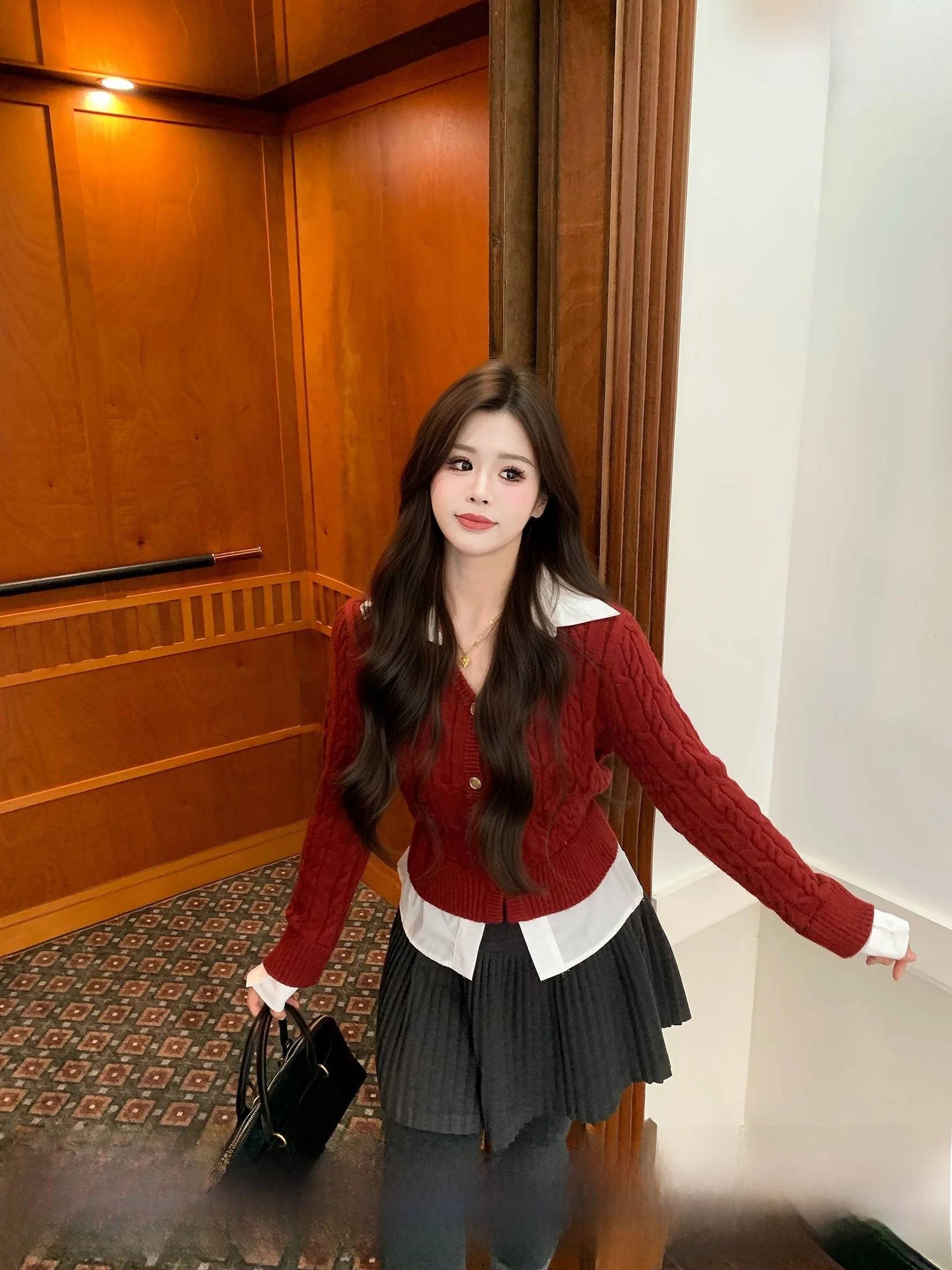 

Red Woolen Knitted Sweater Women's Slim Fit Winter Large Size Fake Two-Piece Cleanfit Sle Pure Color Long Sve Crew Ne