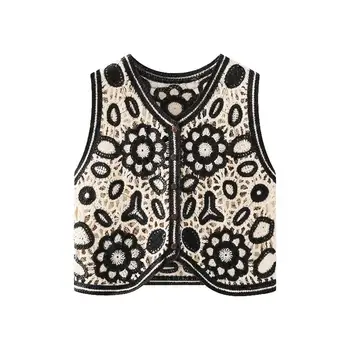 Kvinnors blommiga broderade virkade väst som sommar strandöverdrag kofta bohemisk chic semesteroutfit 10 best sales Floral vest - №7