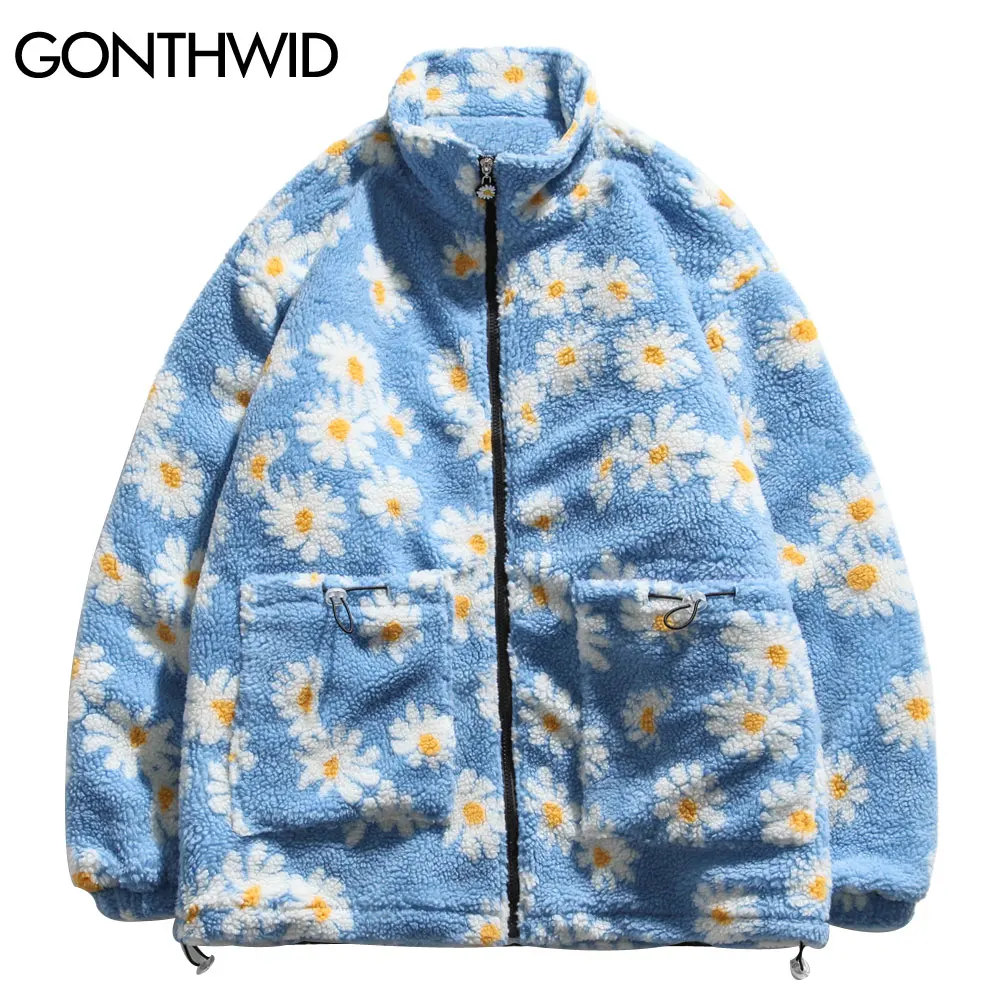 GONTHWID-Parkas gruesas acolchadas de algodón, ropa de calle, estampado de Margarita de Hip Hop, abrigos cálidos de lana con cremallera completa,