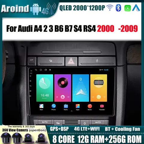 안드로이드 14 아우디 A4 2 3 B6 B7 S4 RS4 2000 2001 2002 -2009 차량용 라디오 멀티미디어 비디오 플레이어 헤드 유닛 도구 블루투스 와이파이 4G