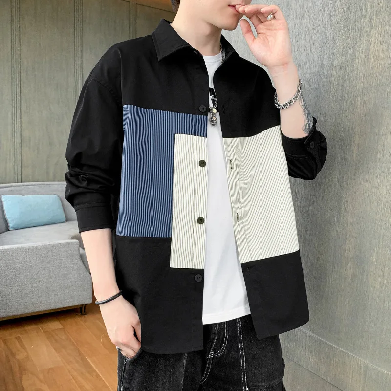 

Color-blocking Long-sleeved Shirt Men's New Loose Design In Spring and Autumn Season Fashion Brand Casual Shirt Jacket