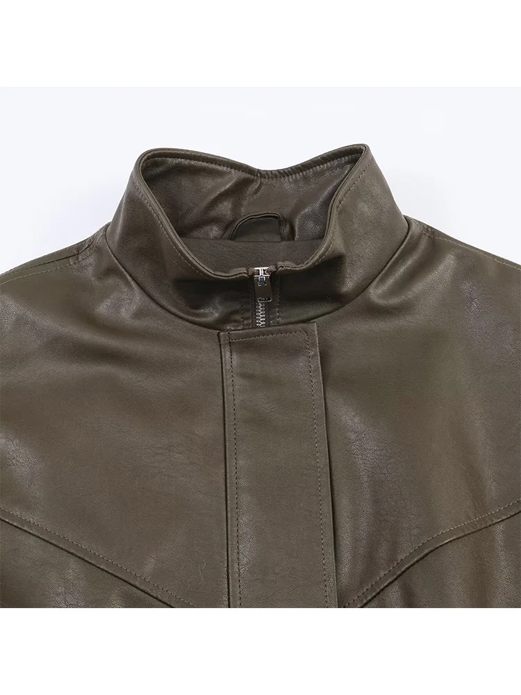 

HH Autumn Women Elegant Long Sleeves Collar Imitation Leather Bomber Jacket Zipper Pockets Decoration Street Style Casual Coat