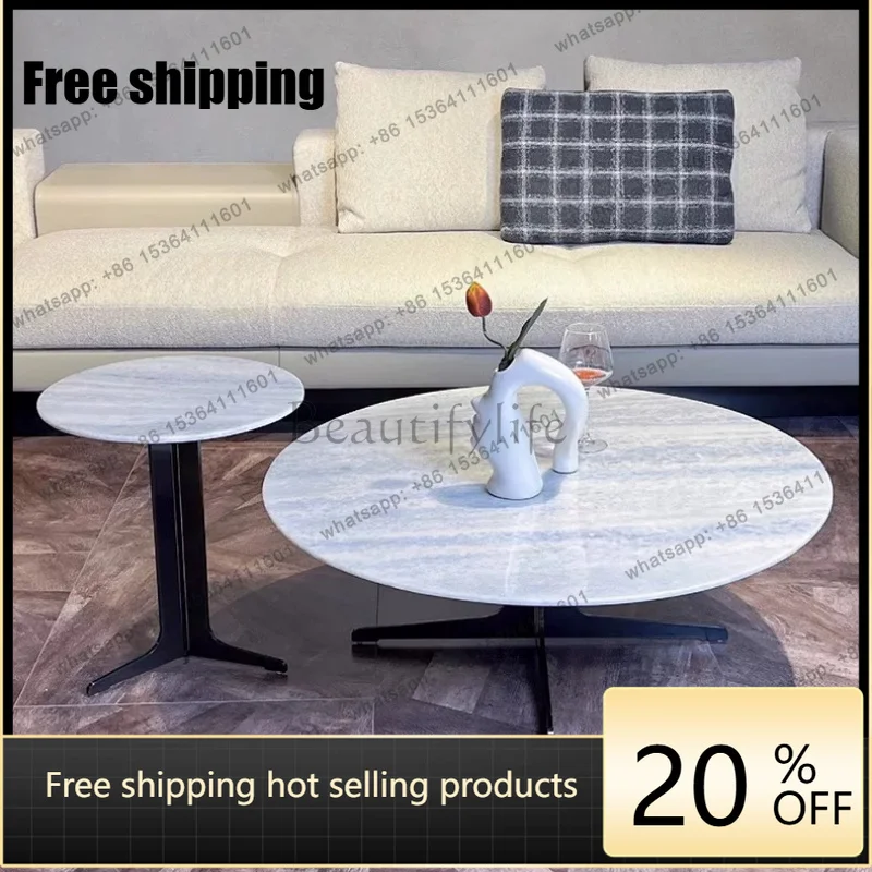 YJ Italian minimalist natural luxury stone coffee table, modern minimalist living room blue crystal marble round coffee table