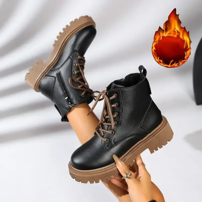 Women Non Slip Thick Bottom Motorcycle Boots Winter  Warm Plush Platform Ankle Boots Plus Size Women Black Short Booties