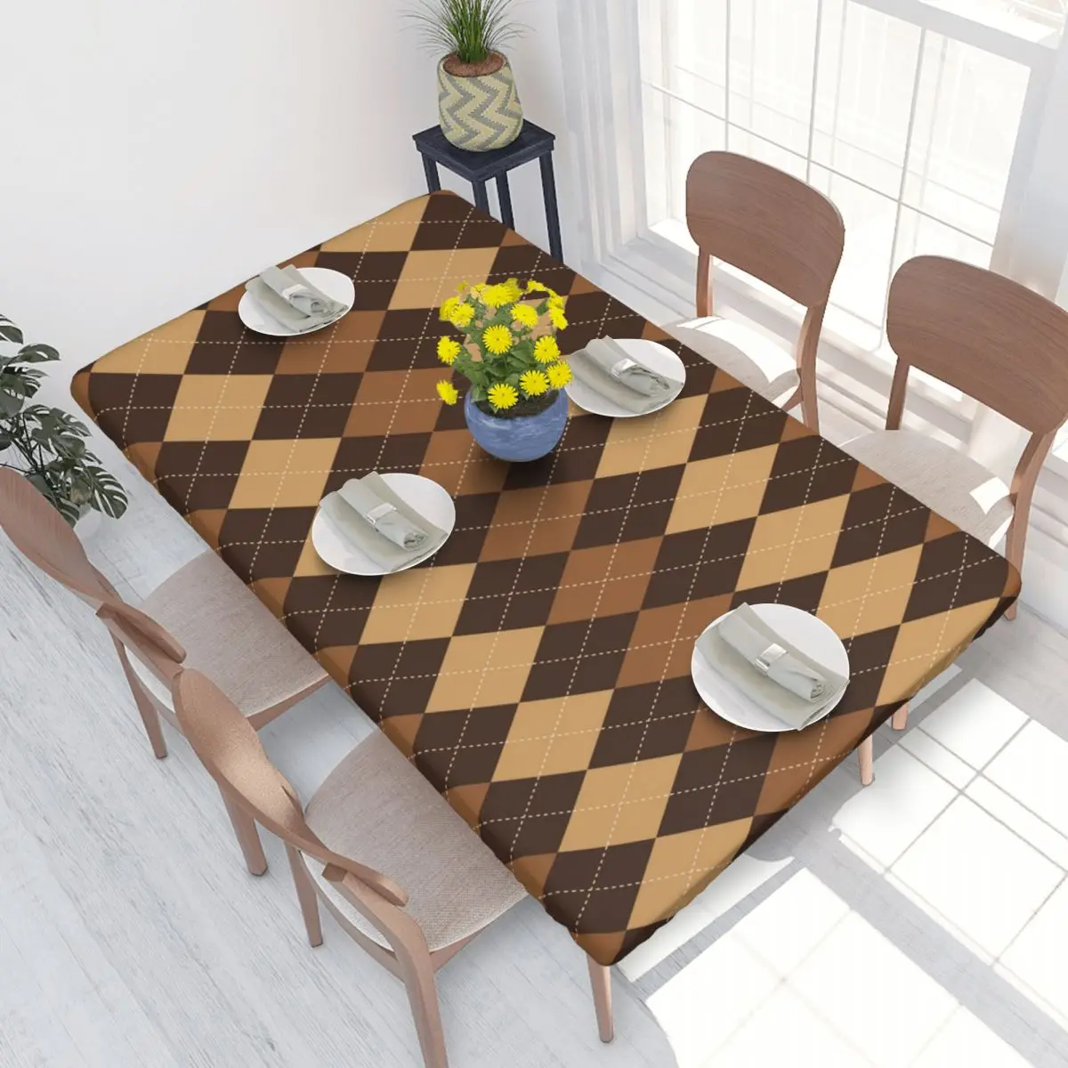 Custom Brown Rhombus Argyle Pattern Rectangular Tablecloth Waterproof 4FT Table Cloth Table Covers