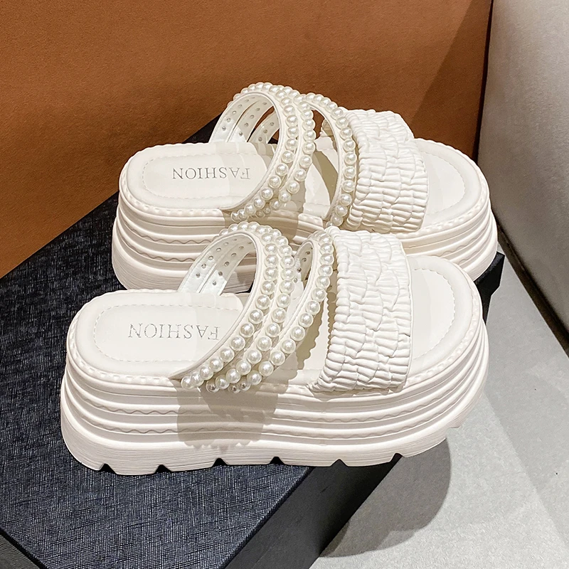 New 2025 Pearl Strap Chunky Sandals Women Summer High Platform Wedges Slippers Woman Fashion 8CM Heels Thick Bottom Beach Slides