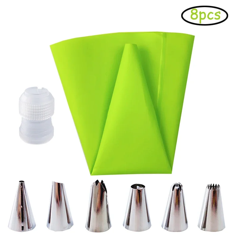 

8 PCS/Set Silicone Kitchen Accessories Icing Piping Cream Pastry Bag + 6 Stainless Steel Nozzle Set DIY Cake Decorating Tips Set