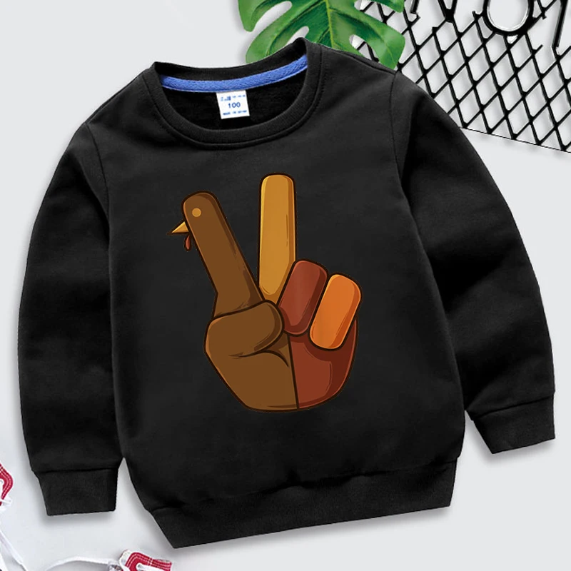 Boys Girls Thanksgiving Turkey Retro Sweatshirts Fall Season Vintage Hoodies Children Peace Hand Sign Thankful Turkey Sweater