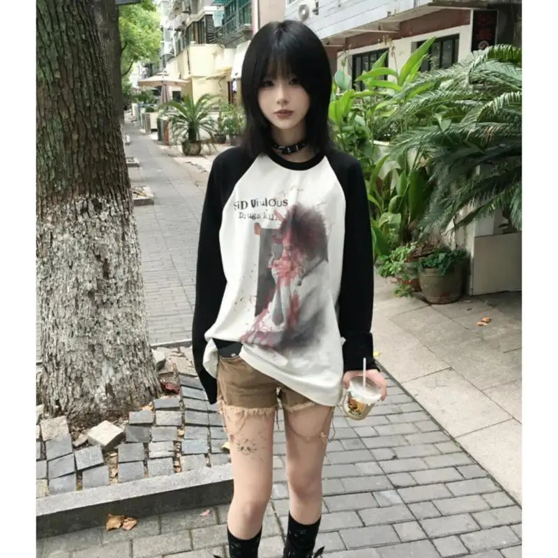 Genayooa Harajuku Print T Shirt Women Patchwork Long Sleeve Y2k Vintage Graphic Tops Streetwear 2000s Japanese Tshirts Autumn