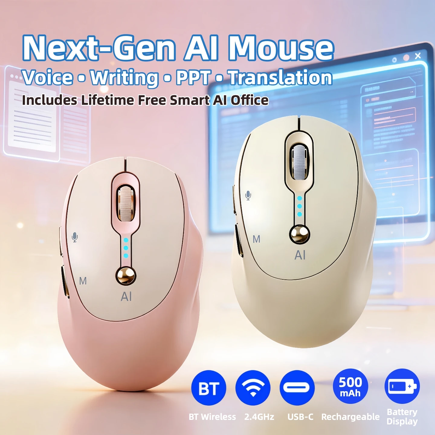 AI Voice Mouse Wireless Bluetooth 2.4G Speech to Text  Translation Silent Rechargeable Dual Mode Office Mouse  Battery Display for PC Laptop Tablet Portable Business