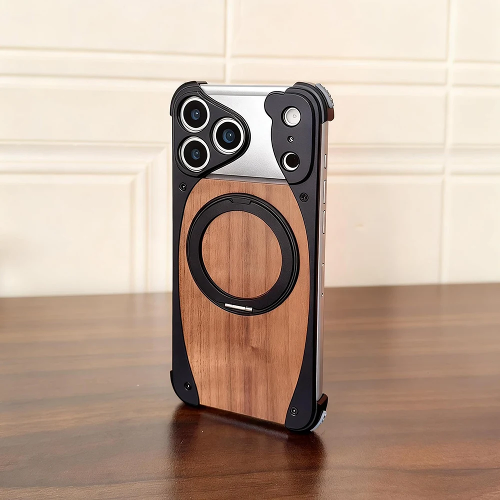 

Чехол для iPhone 17 Pro/17 Pro Max безрамочный с вращающимся держателем-подставкой, под дерево, ультратонкий, ударопрочный